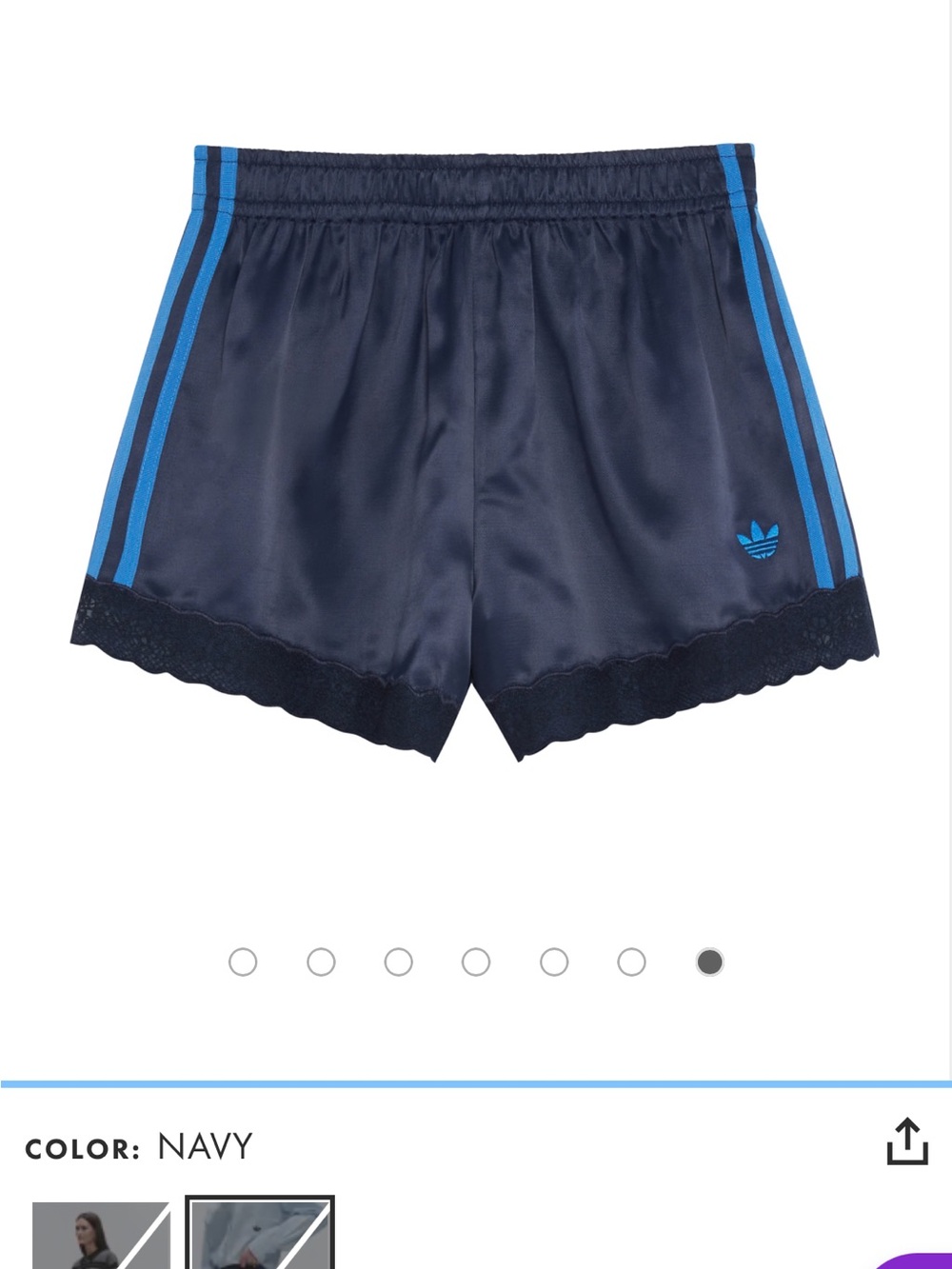 adidas x asos Navy Satin Shorts with Blue Three-Stripes and Lace Trim - Picture 2 of 6